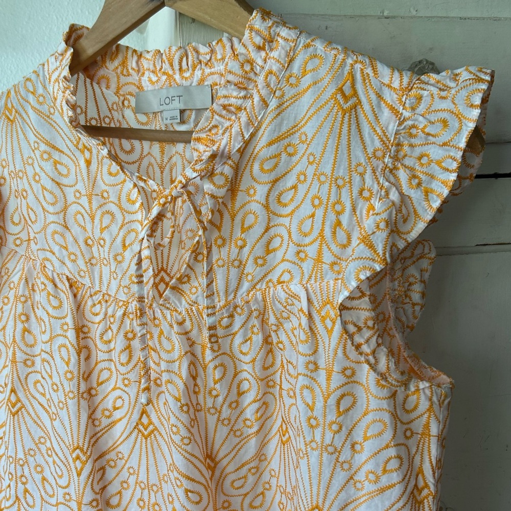 Ann Taylor LOFT | Womens White/Orange Ruffle Collar/Cap Sleeve Embroidered Top M - Picture 7 of 16